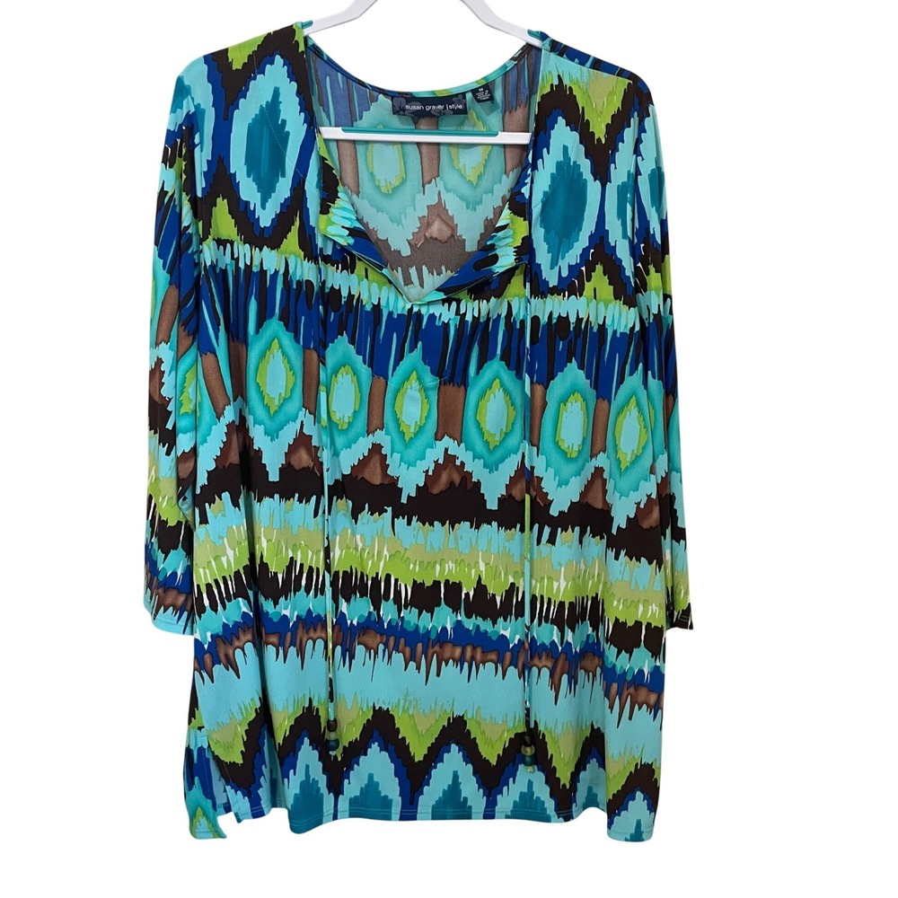 Susan Graver Womens 3X Liquid Knit Boho Ikat 3/4 Sleeve Tunic Top Beaded‎ Tie